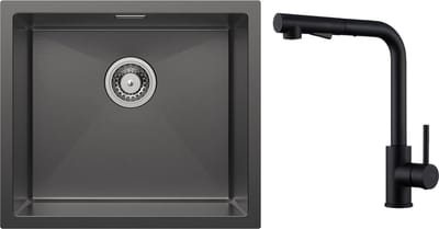 CECIPA max - Spoelbak Keuken 50x44cm - Spoelbakken Keuken Met Keukenkraan Met Uittrekbare Uitloop - Enkele spoelbak van roestvrij staal - Spoelbakken met Afdruip - Antraciet