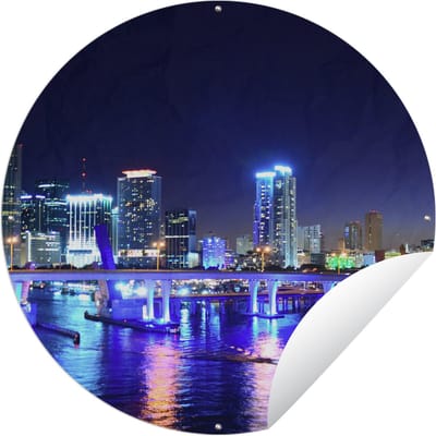 Tuincirkel Water - Licht - Nacht - Skyline - 60x60 cm - Ronde Tuinposter - Buiten