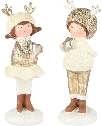 Dekoratief | Winterkindje staand m/ster/hartje, wit/goud, resina, 6x6x16cm, set van 2 stuks | A255419
