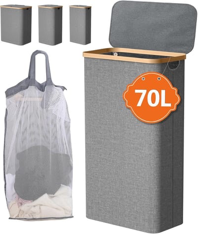 Wasmand met deksel - 70 Liter | Smalle Opvouwbare Wasbox met Bamboe Handvat | Ideaal voor Badkamer en Bijkeuken