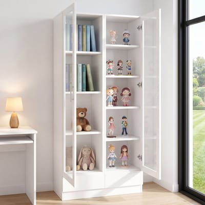 REDOM - Vitrinekast - 2 lades en glazen deuren - kast met 9 vakken - opbergkast - woonkamer of kantoor - MDF en glas - Wit - 80 x 40 x 160 cm
