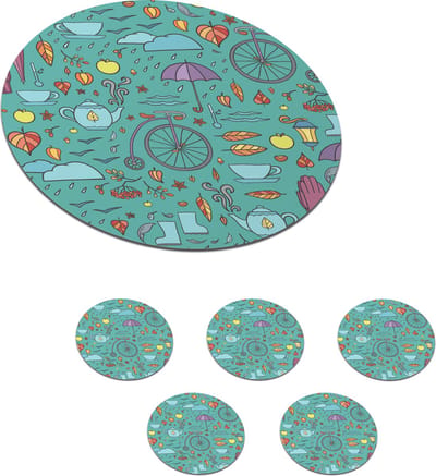 Onderzetters voor glazen - Rond - Herfst - Patroon - Fiets - Regen - 10x10 cm - Glasonderzetters - 6 stuks
