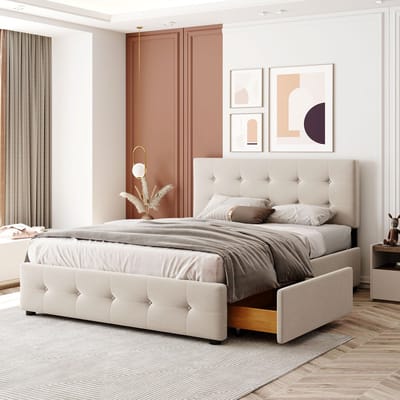 MEUNIQ gestoffeerd tweepersoonsbed 140 x 200 cm met 4 opberglades, lattenbodem en hoofdbord, bedframe voor slaapkamer of logeerkamer, beige