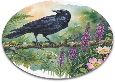 Ronde Muismat "Aquarel Series" Zwarte Kraai op een Tak - Mystieke Tuinvogel Cadeau Artikel met Botanische Print voor haar: Vrouw, Vriendin & Collega - Decoratieve Computermuis Mat - Vogelprint Bureau Accessoire voor Thuiswerkplek & Kantoor