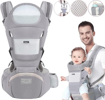 OKWISH Draagzakken - Hip‑Seat Draagzak Voor Neugeborene En Kleinkinder, Ergonomische Babytrage Met Opbergvak, Lichtgewicht Heupdrager, Katoen, Grijs