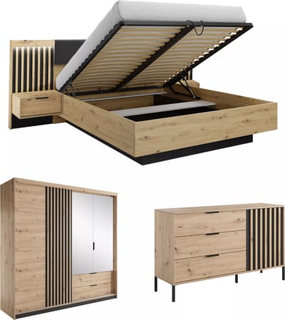 Vente-unique Set bed met opbergruimte en nachtkastjes 160 x 200 cm + ladekast + kast - Kleur: naturel en zwart - ARIADA