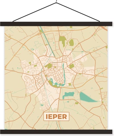 Posterhanger incl. Poster 60x60 cm - Schoolplaat - Vintage - Ieper - Plattegrond - Kaart - Stadskaart - Textielposter - Zwarte latten - Stadskaart