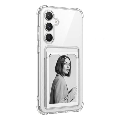Transparant telefoon hoesje met kaarthouder geschikt voor Samsung A56 – doorzichtig TPU backcover case dames en heren – schokbestendig ontwerp met foto vak en verstevigde hoeken