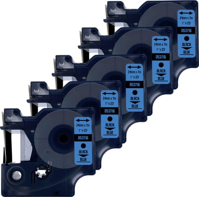 DULA Dymo D1 53716 - S0720960 - Compatible label tape - 5 lettertapes - Zwart op blauw - 24mm x 7m