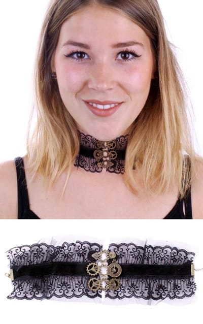 KIMU® Choker Ketting Zwart Kant Kraagje Velvet Roos - Kanten Zwarte Collar Lingerie Vintage Lace Great Gatsby Roaring Twenties Blinders Charleston Brocante Jugendstil Art Deco Victoriaans Steampunk Sexy Antieke Festival