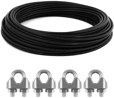 15 Meter Metalen Kabel - 3mm - Roestvrij Staal - Zwart PVC - Met 4 Roestvrijstalen Kabelklemmen - Voor Fotolijsten, Gordijnen, Balustrades, Tuinmeubelen, Terrasmeubelen - 7 x 7 cm - Duurzaam en Veelzijdig