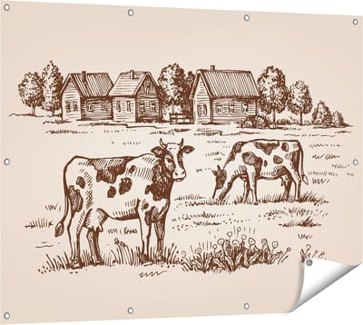 Gards Tuinposter Getekende Koeien op een Boerderij - Abstract - 120x90 cm - Tuindoek - Tuindecoratie - Wanddecoratie buiten - Tuinschilderij