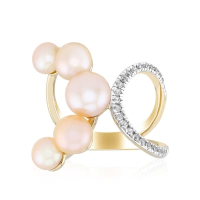 Cavill - Zilveren ring - 925 Sterling Zilver Verguld - Perzikkleurige Zoetwaterkweekparel (7-5 mm) - 25 Zirkonia 0,175 ct - Elegante Parelring Dames