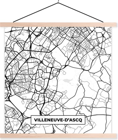 Posterhanger incl. Poster 40x40 cm - Schoolplaat - Plattegrond - Kaart - Frankrijk - Stadskaart - Villeneuve-D'Ascq - Zwart wit - Textielposter - Blanke latten - Stadskaart