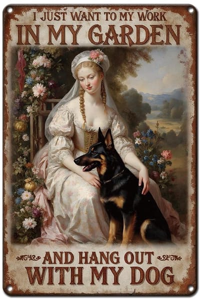Dailygoods- Wanddecoratie Metalen Bord Bloemen Hond - Wanddecoratie Tuin - Wanddecoratie Buiten - Wanddecoratie Café - Wanddecoratie Muur - 20 x 30 cm - Muurbord