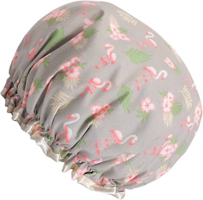 Douchemuts - Douche kap - Flamingo's - Haar drooghouden - Shower cap - Dubbellaags - Dikke stof - Waterdicht - Grijs - Jonyx
