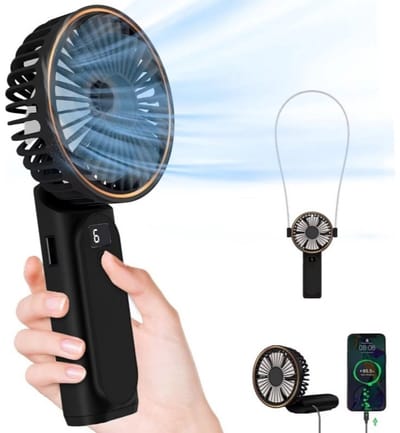 Draagbare handventilator - 180° mini-vouwventilator - 6 snelheden - LCD-scherm - Ultrastil - 3600 mAh-batterij - Zakformaat - Geschikt voor binnen- en buitengebruik - Met koord - 6,5 x 5 x 17 cm