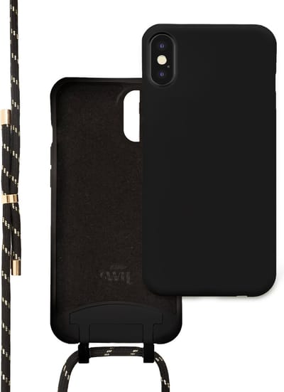 xoxo Wildhearts siliconen hoesje geschikt voor iPhone X/XS - Silicone Pretty Black & Gold Cord Case - telefoonhoesje met koord - telefoonkoord - zwart / goud