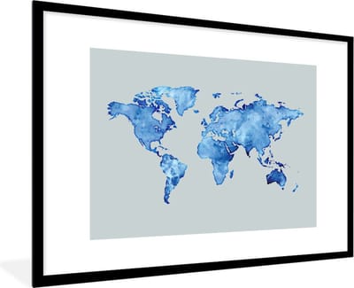 Poster in lijst - Fotolijst 120x80 cm - Posters - Wereldkaart - Waterverf - Grijs - Posterlijst zwart - Decoratie - Wanddecoratie woonkamer - Muurdecoratie slaapkamer