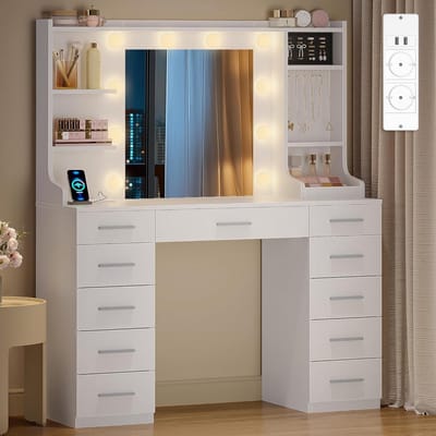 Kaptafel met LED-verlichting en spiegel, wit, 40 x 108 x 145 cm