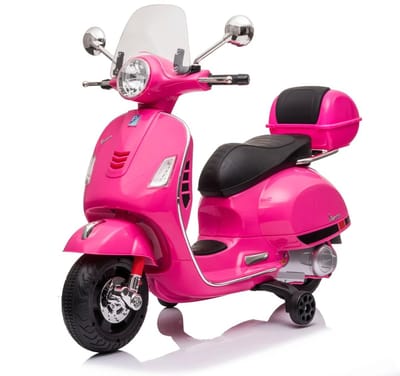 Vespa GT Full Option Elektrische Kinderscooter 3 tot 6 jaar – Officieel Gelicentieerde Kinder Vespa met Kofferbak & Verwijderbare Zijwieltjes – Li-ion Kindermotor met Kunstlederen Zitje, MP3 AUX & USB – Roze