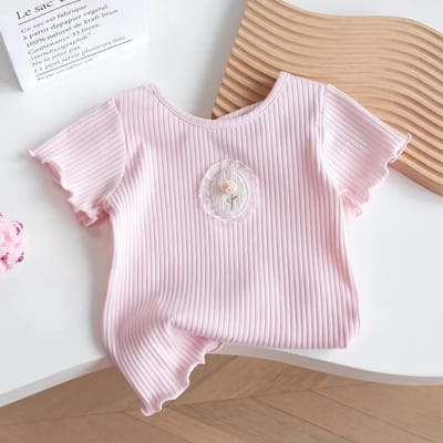 Meisjes Dun T-shirt met Korte Mouwen Zomer Lief Prinses Bloem Effen Kleur Halve Mouw 160 roze
