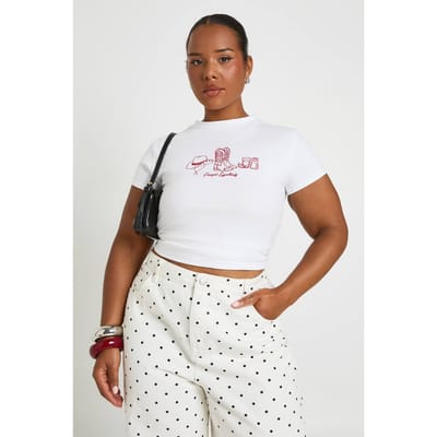boohoo Dames Plus Cowgirl Print Baby Tee | Wit | Maat: 56