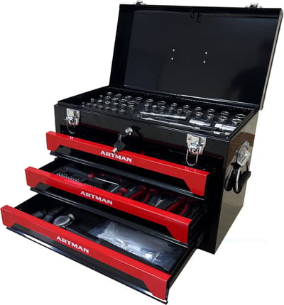 Draagbare Gereedschapskist - 3 Lagen - Met Metalen Grendel - Voor Garage & Werkbank - Zwart/Rood