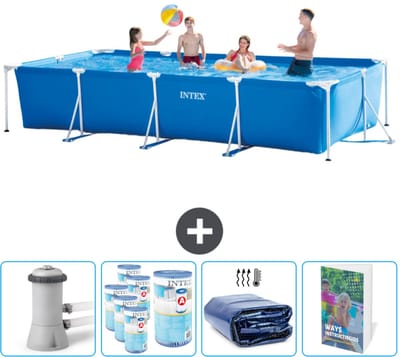 Intex Rechthoekig Frame Zwembad - 450 x 220 x 84 cm - Blauw - Inclusief Zwembadfilterpomp - Filters - Solarzeil - Zwembadgids