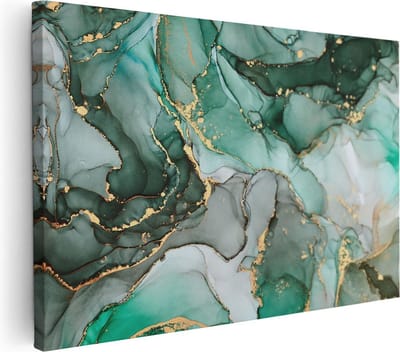 Artaza Canvas Schilderij Abstract - 90x60 cm - Wanddecoratie Marmer Goud - Muurdecoratie Groen - Schilderijen Op Canvas