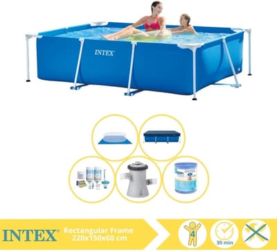 Intex Rechthoekig Frame Zwembad - 220 x 150 x 60 cm - Blauw - Inclusief Afdekzeil - Onderhoudspakket - Zwembadfilterpomp - Filter - Grondzeil - 6-delig