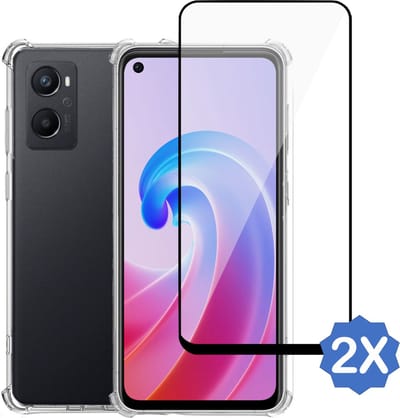 Geschikt voor Oppo A96 Hoesje + 2x Screenprotector – Full Cover Gehard Glas – Shock Proof Case – Transparant