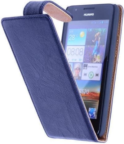 Polar Echt Lederen Huawei Ascend G700 Flipcase Hoesje Navy Blue - Cover Flip Case Hoes