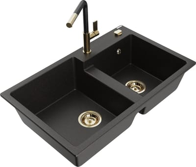 Mexen Tomas granieten gootsteen 2-kamer met keukenmengkraan Flora, zwart/goud metallic - 6516-75-670401-57-G