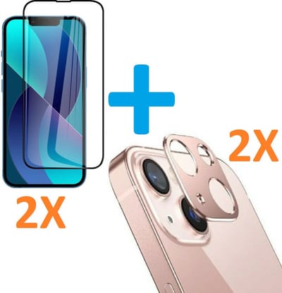 2X Volledige Dekking Scherm Tempered Glass Screen Protector  + 2X Camera lens Beschermer Rosegoud Geschikt voor: Apple iPhone 13