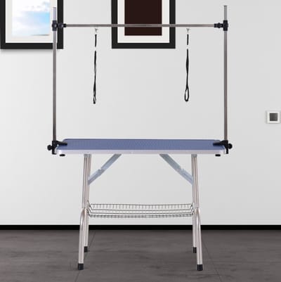 MEUNIQ Trimtafel voor hond en kat 107 x 60 x 170 cm verstelbaar in hoogte 20-80 cm met onderkorf, 2 aanlijnlussen, antislip oppervlak en stalen frame blauw