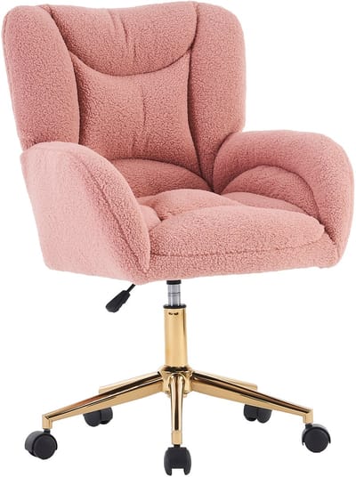 Roze Bureaustoel - Teddy Draaistoel - In Hoogte Verstelbaar - Gouden Poten - 100kg Draaggewicht - Thuiswerkplek - 64x62x92,5cm - Roze