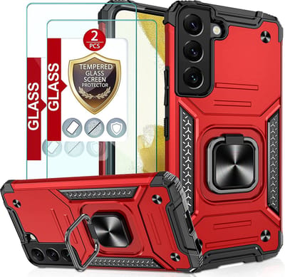 Hoesje Geschikt Voor Samsung Galaxy S22 Hoesje Heavy Duty Armor Hoesje Rood - Galaxy S22 hoesje Kickstand Ring cover met Magnetisch Auto Mount - Hoesje Geschikt Voor Samsung Galaxy S22 screenprotector 2 pack