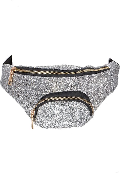 KIMU® Heuptasje Rond Voorvak Grote Glitters Zilver Heuptas Zilveren Glitter Festival