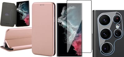 Hoesje geschikt voor Samsung Galaxy S22 Ultra - Book Case Kunstlederen Wallet Cover Minimalistisch Pasjeshouder Hoes Roségoud - PET Glasfolie Screenprotector - Camera Lens Tempered Glass Protector