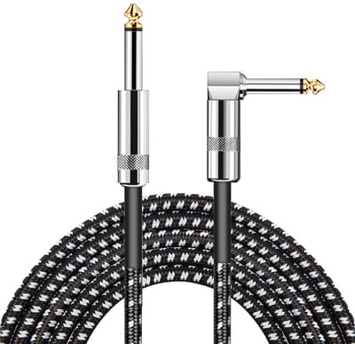 3 m Instrumentkabel voor Gitaar en Bas, TS 6.35 mm, Gevlochten Audio Kabel met Hoek en Recht, Zwart en Wit, Hoge Kwaliteit en Duurzaam
