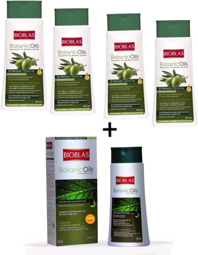 Bioblas Botanic Oils Olive Oil Shampoo voordeelpak (4x 360 ml) + 1 x Bioblas Botanic Oils Shampoo voor fijne zwakke en beschadig / droogd haar (360ml) - Herbal Shampoo - Bio Shampoo - Anti haaruitval - haarverzorging - Anti-haaruival - Dunne haar