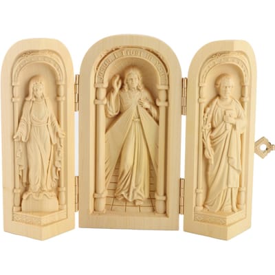 Openende Houten Doos Sculptuur Handgemaakte Buxus Houten Triptiek Doos Figuur Sculptuur Huis Ornament