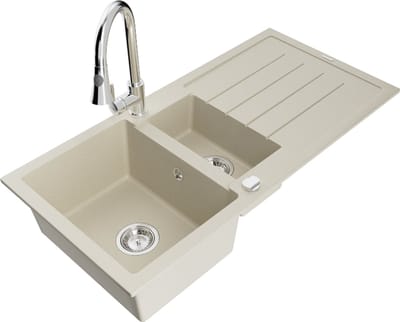 Mexen Andres granieten gootsteen 1,5-komor met afdruiprek en keukenmengkraan Elia, beige - 6515-69-670101-00
