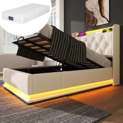 MEUNIQ normaal bed 90x200 cm met LED-verlichting, hydraulische opbergruimte, hoofdbord met USB en Type-C, lattenbodem en kunstleer in wit voor slaapkamer