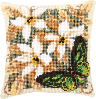 Vervaco - Kruissteekkussen kit - Groene vlinder&witte bloemen - PN-0146841 - Borduren - Borduurpakket - Borduurpakket volwassenen - Borduurpakket kind