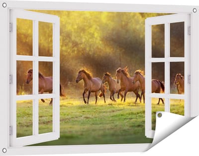 Gards Tuinposter Doorkijk Kudde Bruine Paarden in de Wei - 90x60 cm - Tuindoek - Tuindecoratie - Wanddecoratie buiten - Tuinschilderij