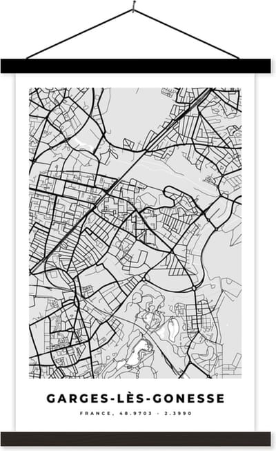 Posterhanger incl. Poster 40x60 cm - Schoolplaat - Garges-Lès-Gonesse - Plattegrond - Frankrijk - Kaart - Stadskaart - Textielposter - Zwarte latten - Stadskaart