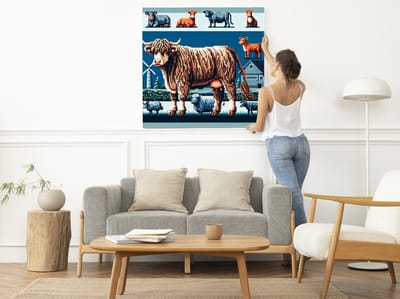 Pixel art vee schilderij | Pixels van de natuur: levendige pixelkunst in boerderij-setting | Kunst - 40x40 centimeter op Dibond | Foto op Dibond