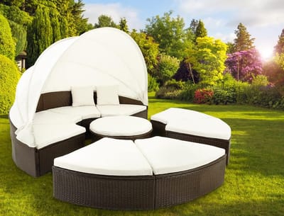 Wicker Tuin Lounge Eiland Ø230 cm met Zonnedak & Tafel – 2-in-1 Ligbed & Loungeset, 7 cm Kussens, Weerbestendig Poly Rattan – Bruin – Laura